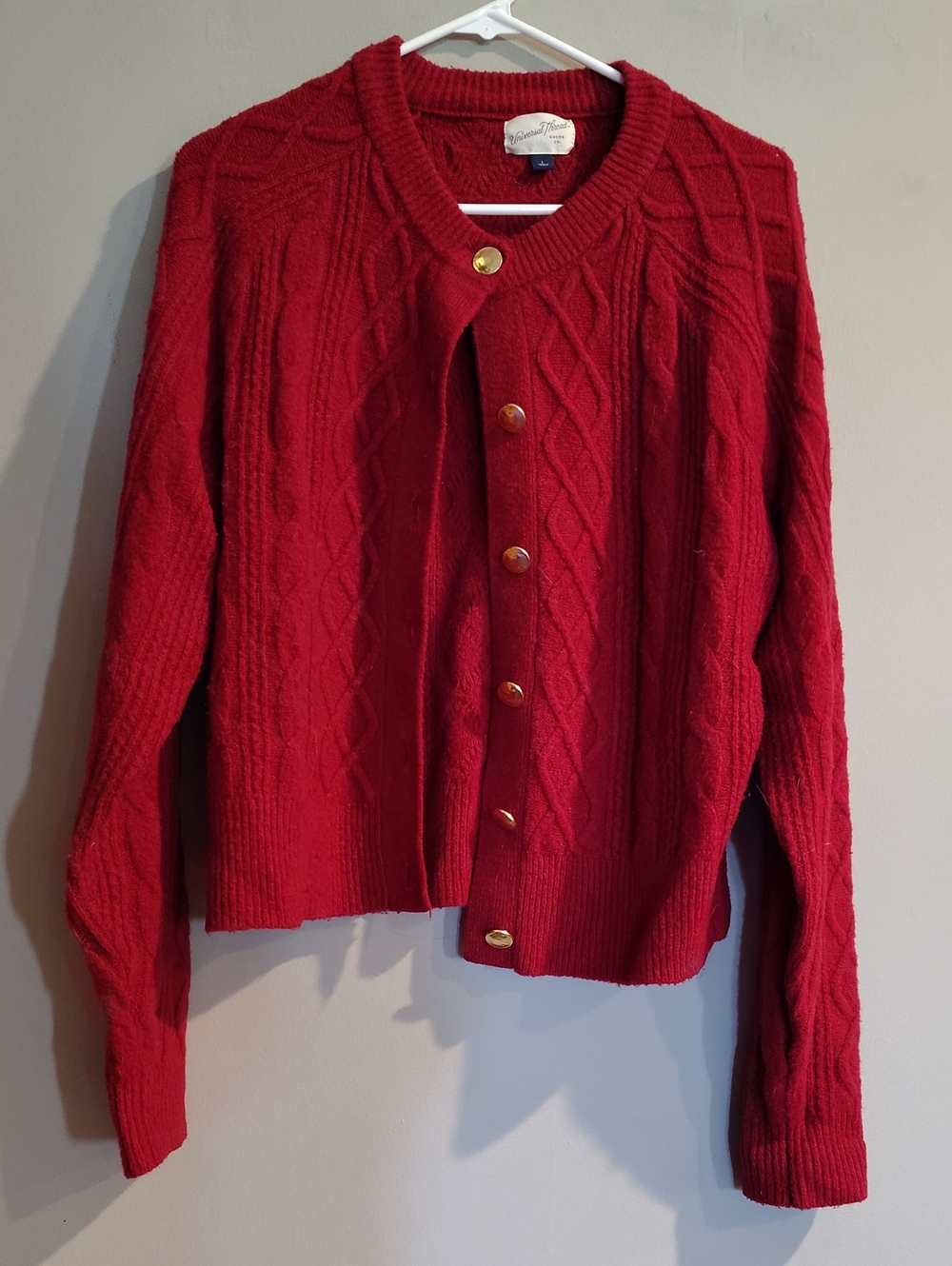 Universal Thread Womens Large Red Cable Knit Gold-Button Cardigan